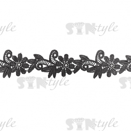 Кружево "Цветочное", нежная цветочная гирлянда с резными стилизованными листьями, ширина 65 мм, цвет черный, намотка 15 ярдов фото 3