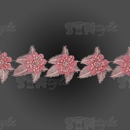 Кружево "Цветочное", воздушная цветочная гирлянда с белой стразой в середине цветка, ширина 80 мм, намотка 10 ярдов, цвет грязно-розовый  фото 2