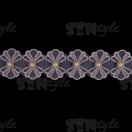 Бантики из капроновой ленты, ширина 55 мм, намотка 20 ярдов, цвет розовый+белые бусины, № 5 фото 3