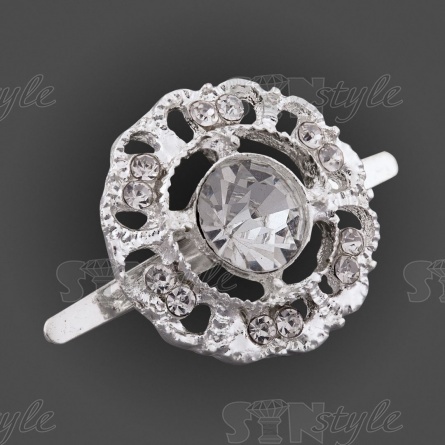 Брошь металлическая, крепление усики, диаметр 20 мм, цвет серебро+белые стразы фото 2