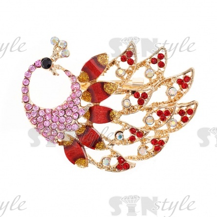 Брошь со стразами "Жар-птица", размер 65х50 мм, цвет золото+белые+бордовые стразы, застежка булавка фото 1