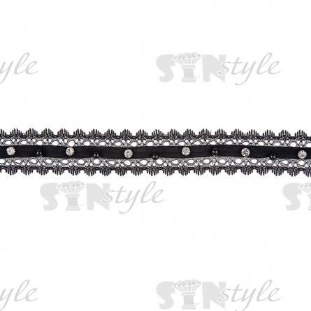 Кружево ажурное с отделкой стразами, ширина 35 мм, цвет черный, намотка 10 ярдов фото 2