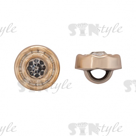 Пуговица пластиковая на ножке, размер 18L, форма круглая с волнистыми краями, цвет золотой, в центре шляпки белая страза фото 1