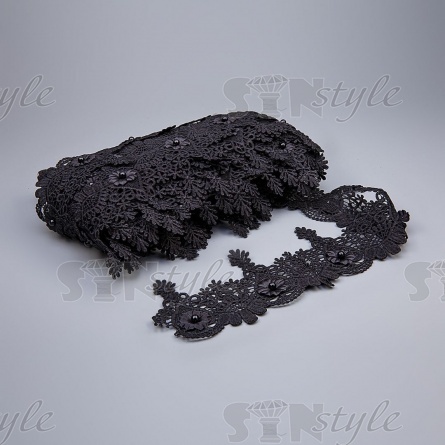 Кружево ажурное с отделкой, нежнейшее тонкое переплетение гирлянды с цветочными мотивами с бусиной в центре цветка, ширина 75 мм, намотка 15 ярдов, цвет черный фото 2