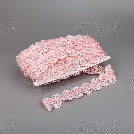 Кружево ажурное с отделкой, на нежной ажурной основе россыпь бутонов розочек с бусиной в середине цветка, ширина 45 мм, намотка 15 ярдов, цвет старо-розовый фото 3