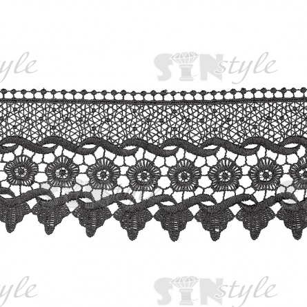 Кружево ажурное, нежная цветочная гирлянда с причудливым узором по краю изделия, ширина 95 мм, цвет черный, намотка 15 ярдов фото 2