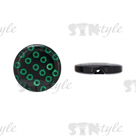 Пуговица пластиковая на полуножке, размер 24L, черная основа с зелеными пайетками фото 1
