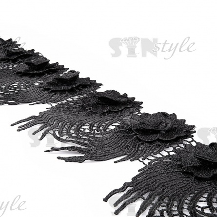 Кружево "Цветочное", красивая цветочная гирлянда из объемных цветов и длинным резным краем, ширина 130 мм, цвет черный, намотка 15 ярдов фото 3