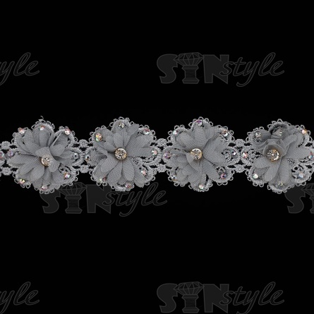 Кружево "Цветочное" ажурное с объемными цветами и стразами, ширина 50 мм, цвет серый, намотка 10 ярдов фото 3