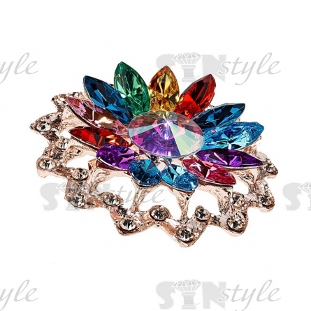 Брошь со стразами, размер 52 мм, цвет золото+цветные стразы, застежка булавка фото 2