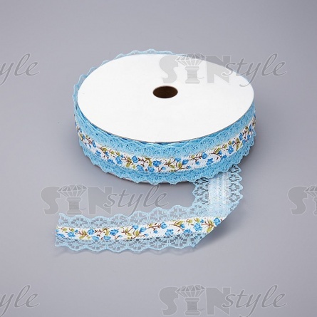 Декоративная лента на кружевной основе с цветочным принтом, цвет голубой, ширина 30 мм, намотка 20 ярдов фото 1