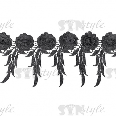 Кружево "Цветочное", нежная цветочная гирлянда из объемных бутонов роз и бахромой с резными листьями по нижнему краю, ширина 180 мм, цвет черный, намотка 15 ярдов фото 1