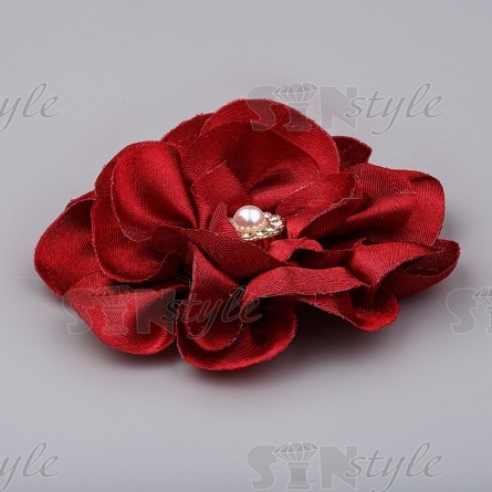 Цветочки декоративные со стразами и бусиной, цвет бордовый, диаметр 65 мм фото 2
