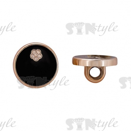 Пуговица пластиковая на ножке, размер 20L, золотая основа, черная шляпка с золотым цветком фото 1