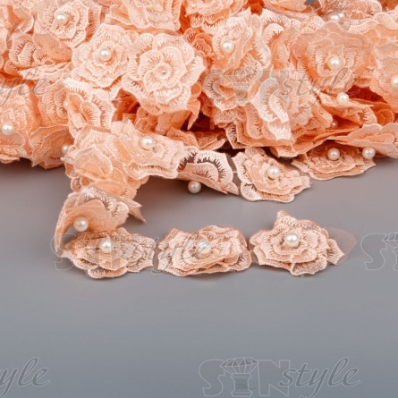 Кружево "Цветочки" украшено бусиной ,на капроновой ленте, ширина 55 мм, цвет персиковый (19), намотка 20 ярдов фото 1