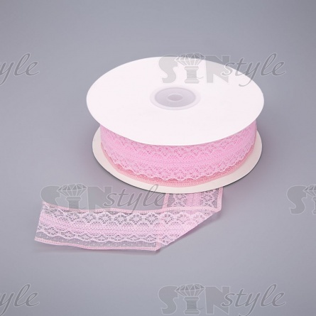 Лента капроновая, отделанная кружевом, ширина 40 мм, цвет розовый, намотка 25 ярдов фото 1