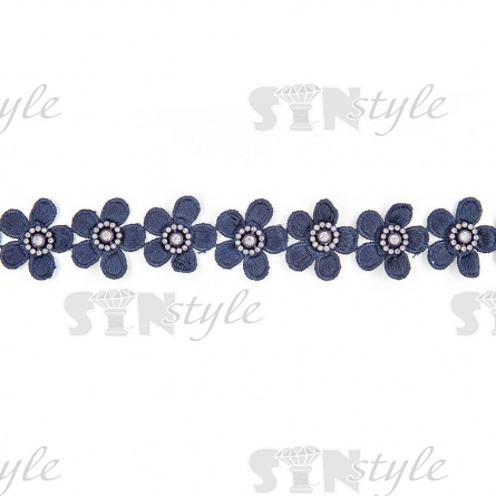 Кружево Цветочное, красивая цветочная гирлянда с белой стразой в середине цветка, ирина 40 мм, намотка 15 ярдов, цвет темно-синий  фото 3