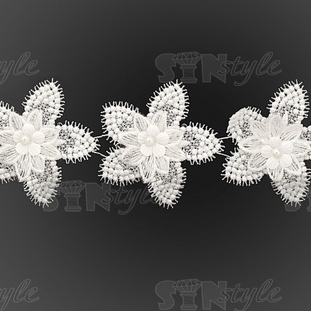 Кружево Цветочное с бусинами в цвет кружева, намотка 10 ярдов,  ширина 80 мм, цвет белый  фото 3