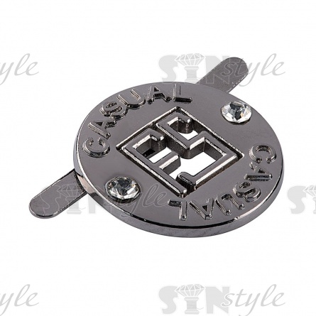 Брошь металлическая, тип крепления "усики", диаметр 15 мм, цвет темный никель+белые стразы фото 2