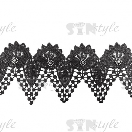 Кружево ажурное, декорированное стразами, ширина 125 мм, намотка 15 ярдов, цвет черный  фото 1
