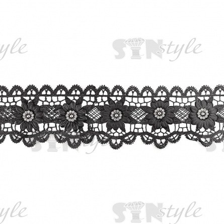 Кружево ажурное с отделкой, на нежной кружевной основе цветочная гирлянда с крупной  стразой в центре каждого цветка, ширина 75 мм, намотка 15 ярдов, цвет черный  фото 1