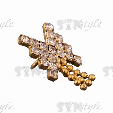 Брошь металлическая со стразами, цвет золото+белые стразы, размер 18*24 мм, застежка игла  фото 2