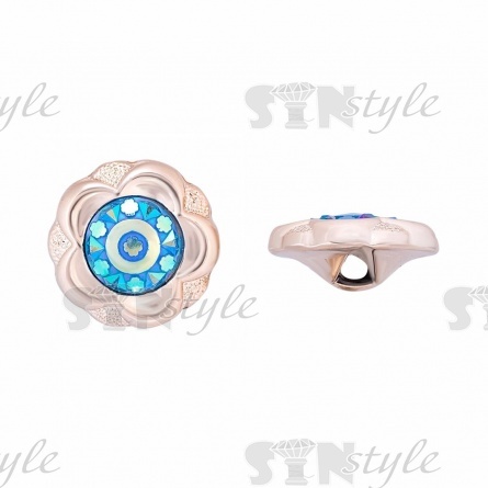 Пуговица пластиковая на ножке, в форме цветка, золотая основа с голубой радужной вставкой, 40L фото 1