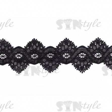 Кружево ажурное двустороннее, интересная зигзагообразная гирлянда с резными краями, ширина 60 мм, цвет черный, намотка 15 ярдов фото 1