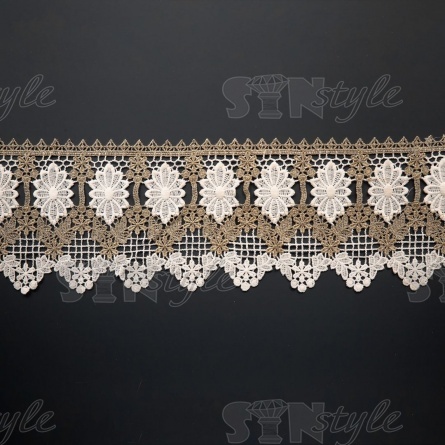 Кружево вязаное ажурное, цвет золотой с белым, намотка 15 ярдов, ширина 140 мм фото 2