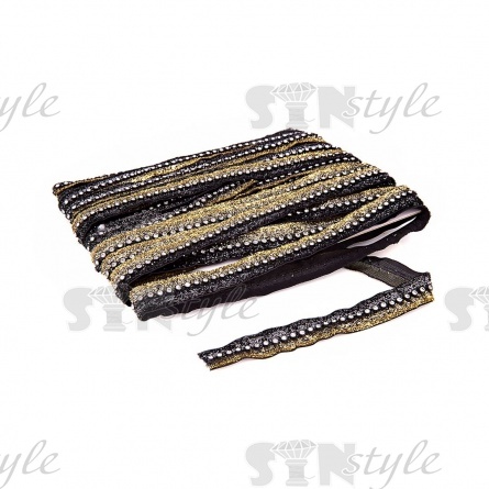 Декоративная бархатная лента со стразами, цвет черный+золото+серебро, ширина 18 мм, намотка 15 ярдов фото 1