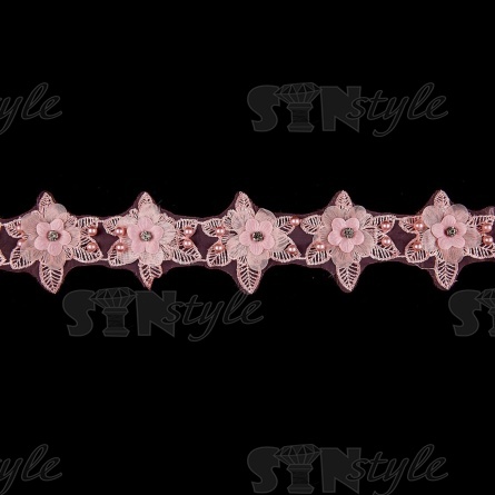 Кружево "Цветочное", ширина 60 мм, цвет розовый, декорировано бусинами в цвет кружева и белыми стразами, намотка 10 ярдов  фото 3