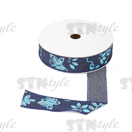 Джинсовая лента с цветочным принтом голубого цвета, ширина 25 мм, намотка 20 ярдов фото 1