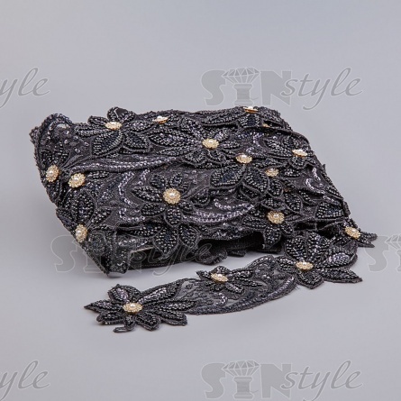 Кружево на сетке с цветочным орнаментом, расшитое пайетками, микробисером и стразами, ширина 100 мм, цвет черный, намотка 10 ярдов  фото 3