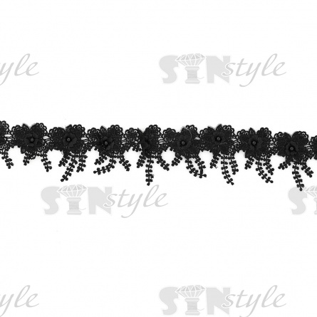 Кружево "Цветочное", на тонкой ажурной основе россыпь объемных цветов с бусиной в середине цветка, ширина 85 мм, цвет черный, намотка 10 ярдов фото 1