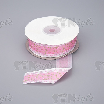 Декоративная атласная лента с цветочным принтом, цвет розовый, ширина 25 мм, намотка 20 ярдов фото 1