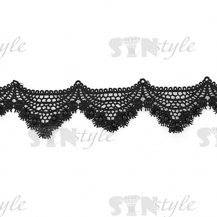 Кружево ажурное с отделкой, на нежнейшем тонком переплетении гирлянда мелких цветочков по краю изделия с бусиной в центре цветка, ширина 70 мм, намотка 15 ярдов, цвет черный фото 2