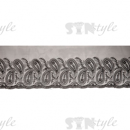 Кружево на сетке черного цвета с черной вышивкой, ширина 150 мм, намотка 15 ярдов фото 2