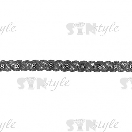 Кружево ажурное с отделкой, на тонком нежном переплетении стилизованной косичке белые стразы в виде цветочков по всей длине изделия, ширина 30 мм, намотка 15 ярдов, цвет черный фото 1