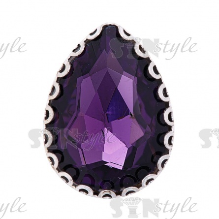 Стразы пришивные, стеклянные в оправе, форма капля, цвет серебро+фиолетовый, размер 13х18 мм фото 1