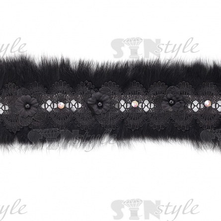 Ажурное кружево, отделанное натуральным мехом, украшенное цветочками и бусинами в цвет кружева, намотка 10 ярдов, ширина 70 мм, цвет черный  фото 1