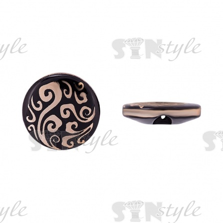 Пуговица пластиковая на полуножке, размер 28L, черная основа с золотым орнаментом фото 1