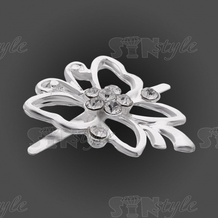 Брошь металлическая, крепление усики, размер 23 мм х 30 мм, цвет серебряный+белые стразы  фото 2