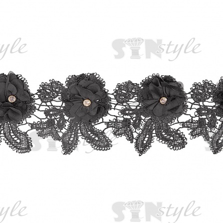 Кружево "Цветочное", на тонкой ажурной основе нежная гирлянда из объмных цветов с белой стразой в середине цветка, ширина 100 мм, намотка 15 ярдов  фото 2