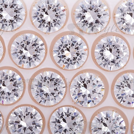 Стразы пришивные стеклянные в цапах, форма круг, цвет золото+белый прозрачный, диаметр 14 мм фото 3