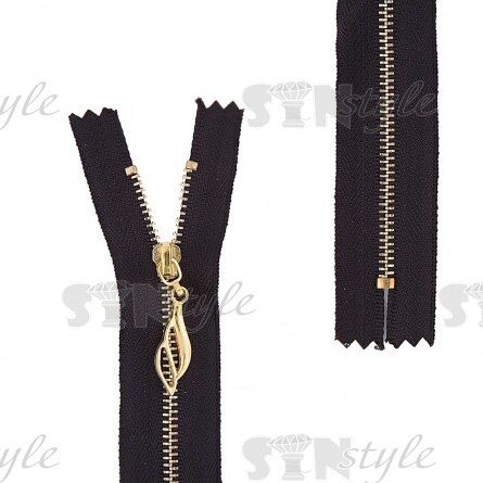Молния металлическая, тип 3, неразъемная, длина 14 см, цвет 322 (черный), звенья золотистые, бегунок зотистого цвета фото 1