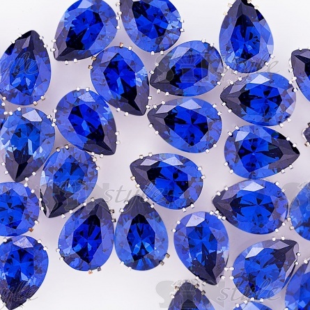 Стразы пришивные стеклянные в цапах, форма капля, цвет серебро+синий, размер 9*14мм фото 3