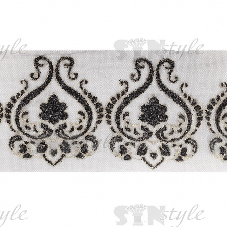 Кружево на сетке черного цвета с золотым и черным глиттером, ширина 170 мм, намотка 15 ярдов фото 2