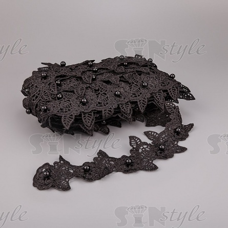 Кружево "Цветочное", на тонкой ажурной основе россыпь объемных цветов с бусиной в середине, ширина 60 мм, цвет черный, намотка 15 ярдов  фото 3