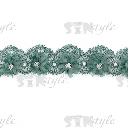 Кружево ажурное с объемными цветами в цвет кружева, украшено белыми бусинами и стразами, ширина 50 мм, намотка 10 ярдов, цвет мятный  фото 1
