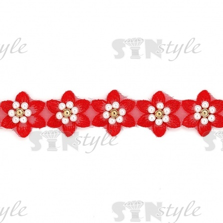 Кружево "Цветочки" на капроновой ленте, ширина 30 мм, цвет красный, намотка 20 ярдов фото 3